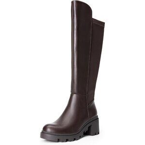 Women’s Brown-Pu Knee High Boots Platform Heel Round Toe Stretch Tall Long Fall